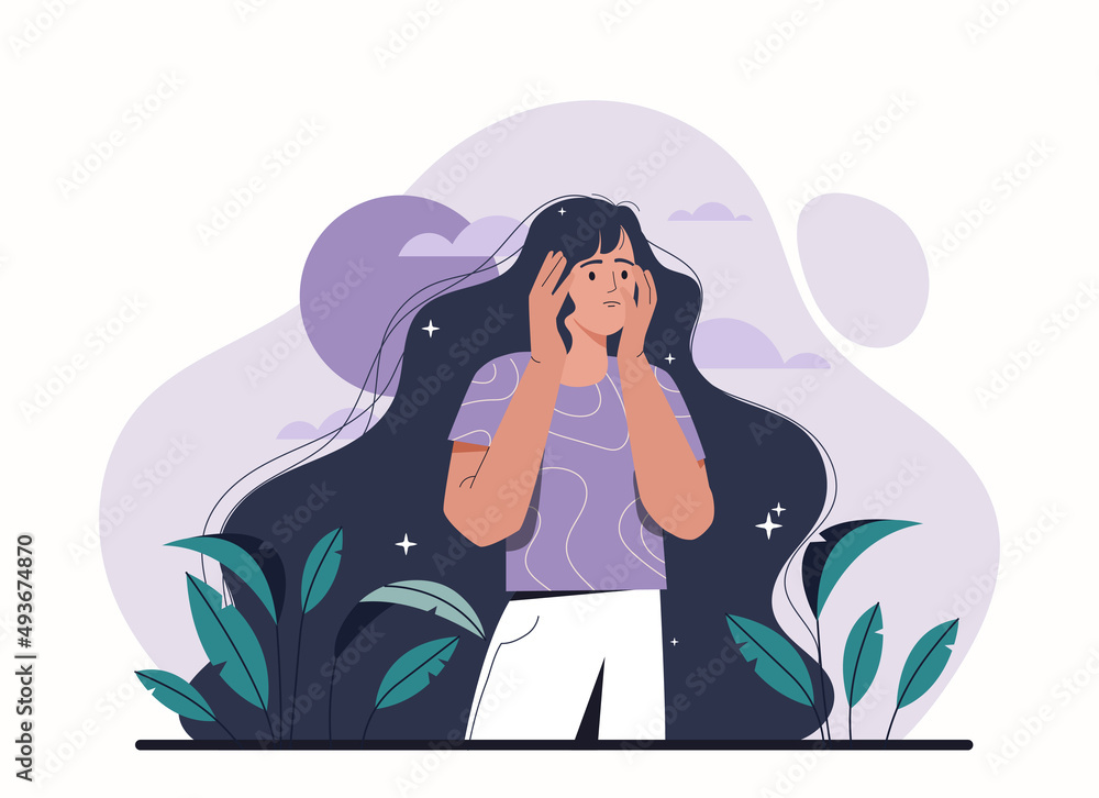 Psychological depression concept. Girl holds face with hands. Suffering and sadness, character trying to understand himself. Internal problems and mental health. Cartoon flat vector illustration Psychological depression concept. Girl holds face with hands. Suffering and sadness, character trying to understand himself. Internal problems and mental health. Cartoon flat vector illustration