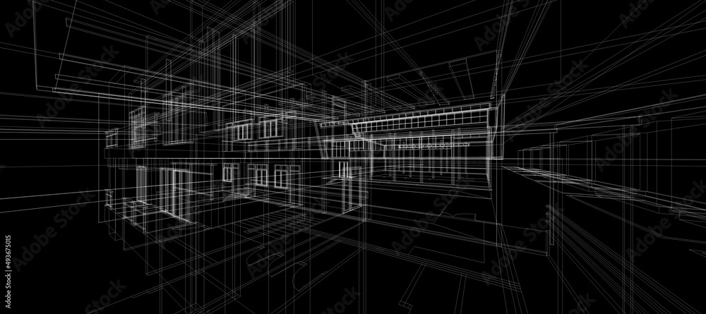 Smart building automation system digital intelligent technology abstract background architecture 3d wireframe black background