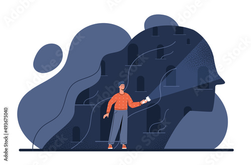 Concept of psychoanalysis. Man with flashlight against background of dark buildings in silhouette of head. Metaphor of internal fear. Depression and negative emotions. Cartoon flat vector illustration