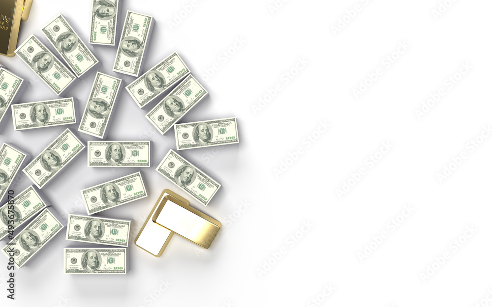 Dollars and Gold bars 3D rendering Dollars and Gold bars 3D rendering