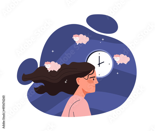 Insomnia and sleep disorders concept. Woman with stress and psychological problems cannot fall asleep at night. Female character with low energy level counts sheep. Cartoon flat vector illustration