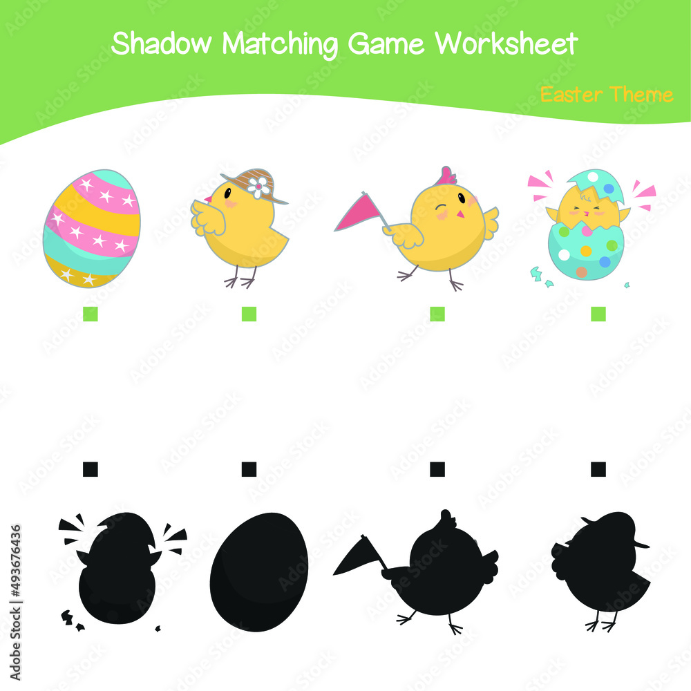 Easter matching shadow game. Matching shadow worksheet. Educational printable worksheet. Colourful printable. Motoric movement. Vector illustration.