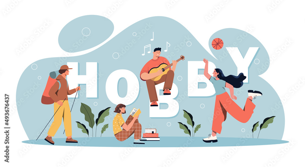 Hobbies and entertainment concept. Large inscription with people playing volleyball, reading book, going camping and playing guitar. Favorite activity and relaxation. Cartoon flat vector illustration