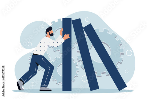 Crisis in business concept. Young man stops falling elements of company due to economic collapse. Domino effect. Bankruptcy or difficulties in entrepreneurship. Cartoon flat vector illustration