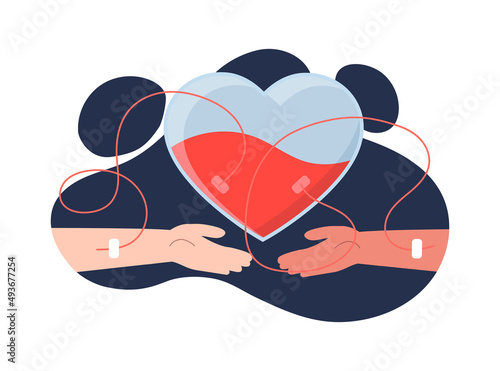 Blood donation concept. Donor hand with injection give blood to heart shaped reservoir. Saving recipient life. World blood donor day. Charity and support. Cartoon contemporary flat vector illustration