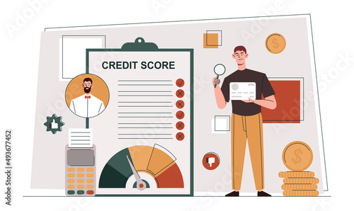 Credit assessment concept. Young male bank employee checks customer credit history. Man analyzes documents and lends money. Amount of wages and income. Cartoon contemporary flat vector illustration