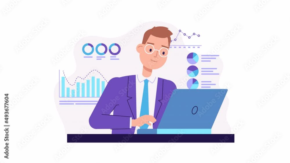 business man character work at laptop animation. Financial graphs and charts, business. Accounting, analysis, audit, research. infographics. Finance statistics. office worker, manager, boss business man character work at laptop animation. Financial graphs and charts, business. Accounting, analysis, audit, research. infographics. Finance statistics. office worker, manager, boss