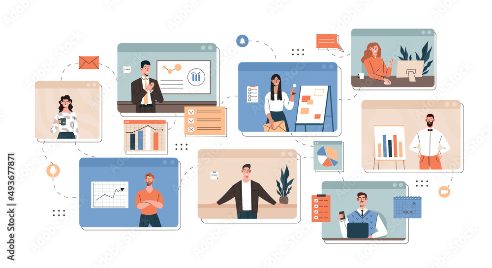 Team communication and project management concept. Workflow and organization of work between employees and colleagues. Men and women discuss project via video link. Cartoon flat vector illustration Team communication and project management concept. Workflow and organization of work between employees and colleagues. Men and women discuss project via video link. Cartoon flat vector illustration
