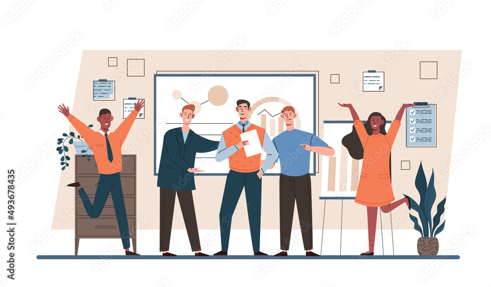 People congratulating colleague concept. Men, women and boss applaud best employee and encourage his achievements and successes. Professional development and skills. Cartoon flat vector illustration