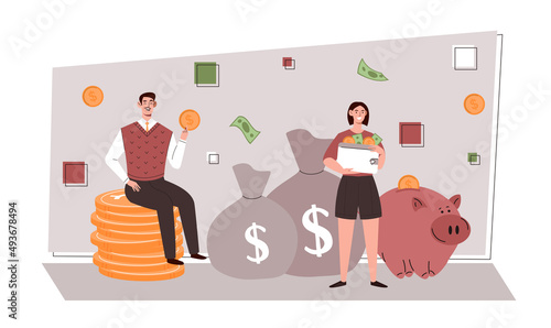 Money Saving and Management concept. Man and woman with coins standing next to bags of money and piggy banks. Accounting and financial analytics. Budget or investment. Cartoon flat vector illustration