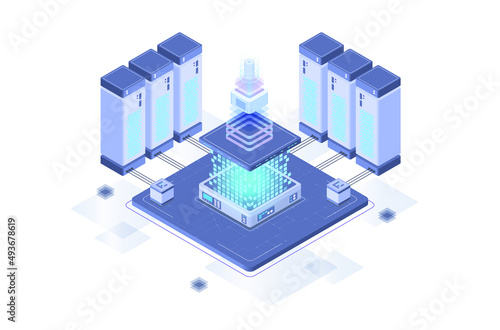 Data center or server room processing data operation with security protection and maintenance with isometric design style - vector