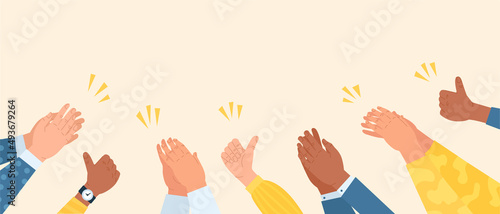 Human hands clapping concept. Team of employees applauds, congratulates on achieving success and encourages with thumbs up. Team cheering and ovation. Cartoon contemporary flat vector illustration
