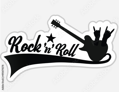 Rock 'n' roll - banner, logo, emblem, label or design element. Creative lettering with an electric guitar.