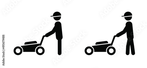 Stickman, stick figure man with lawnmower. Vector icon or pictogram. Garden tools. Grass awn mower logo. Grass cutter or grass mower sign.