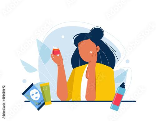 Cute young woman using natural cosmetics and moisturizing her skin flat illustration. Everyday personal care, skincare daily routine, hygienic procedure. Teenage skin, blackheads and healthy skin.