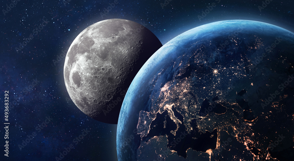 Naklejka premium Earth and Moon in space. Earth at night. Moon surface with craters. Planetary Moon. Artemis space program. Elements of this image furnished by NASA