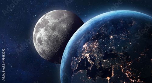 Fototapeta Naklejka Na Ścianę i Meble -  Earth and Moon in space. Earth at night. Moon surface with craters. Planetary Moon. Artemis space program. Elements of this image furnished by NASA