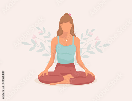 Yoga. Faceless girl. Girl meditating . Concept illustration for yoga  meditation  relax  healthy lifestyle. Woman sitting in lotus position practicing meditation. 