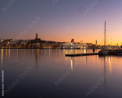 Gothenburg city reflected in gota river during late evening , Gothenburg, Sweden