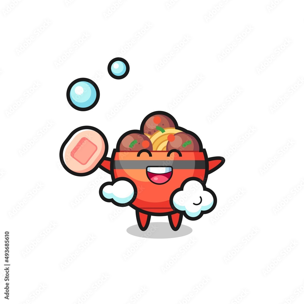 meatball bowl character is bathing while holding soap meatball bowl character is bathing while holding soap