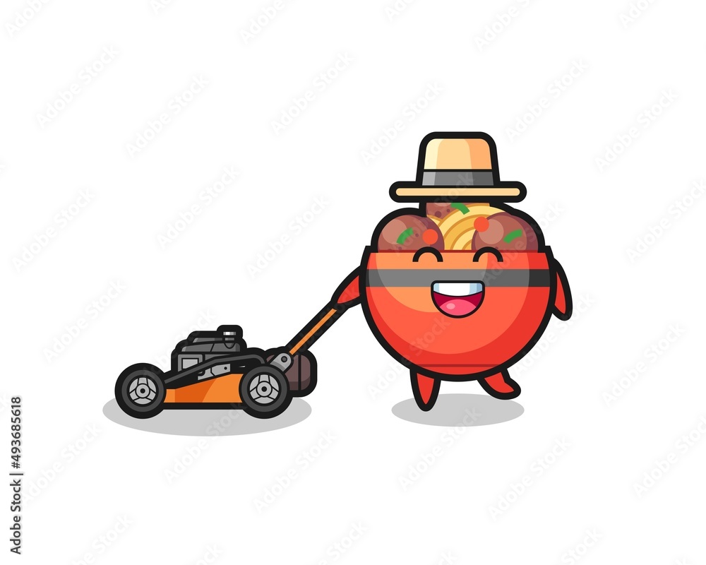 illustration of the meatball bowl character using lawn mower