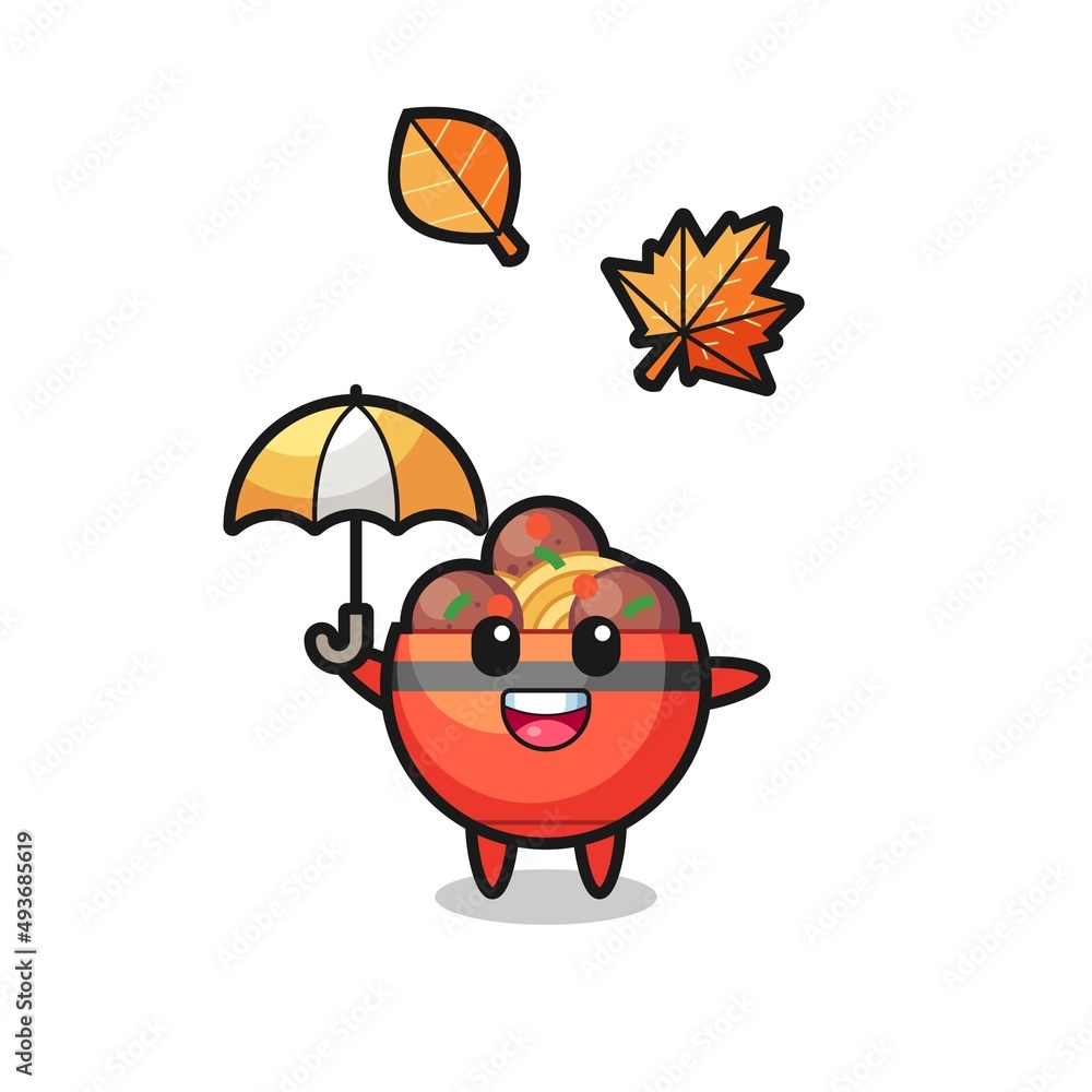 Obraz premium cartoon of the cute meatball bowl holding an umbrella in autumn