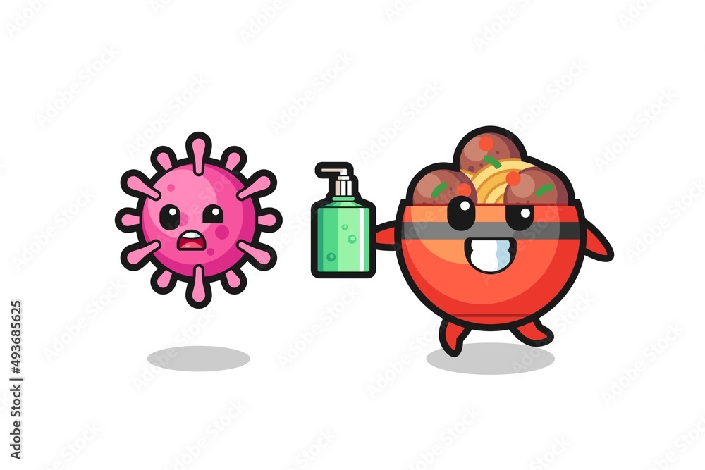 Fototapeta premium illustration of meatball bowl character chasing evil virus with hand sanitizer