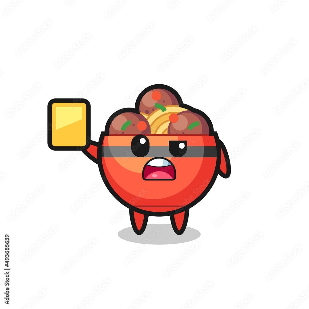cartoon meatball bowl character as a football referee giving a yellow card cartoon meatball bowl character as a football referee giving a yellow card