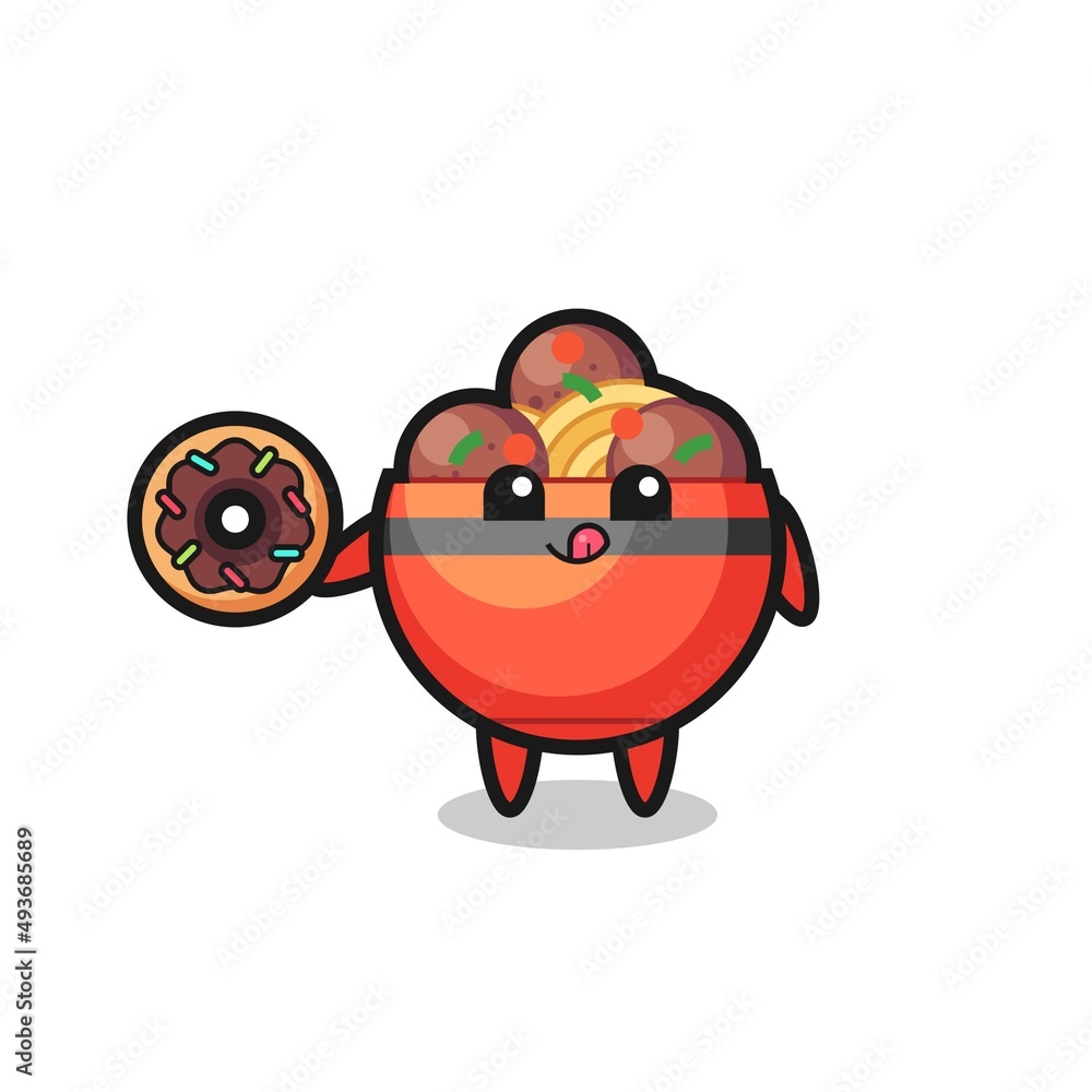 Fototapeta premium illustration of an meatball bowl character eating a doughnut
