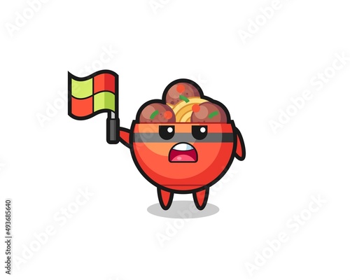meatball bowl character as line judge putting the flag up