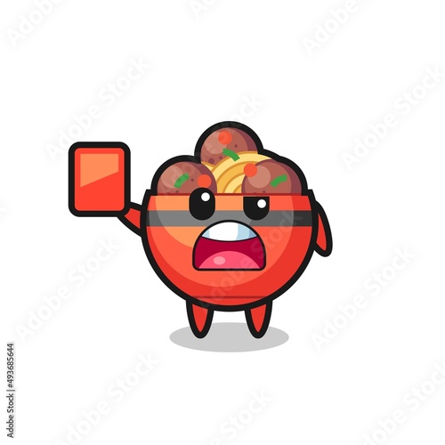 meatball bowl cute mascot as referee giving a red card