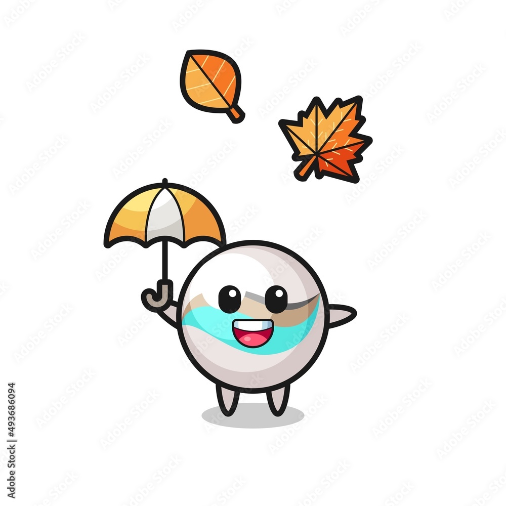 Fototapeta premium cartoon of the cute marble toy holding an umbrella in autumn