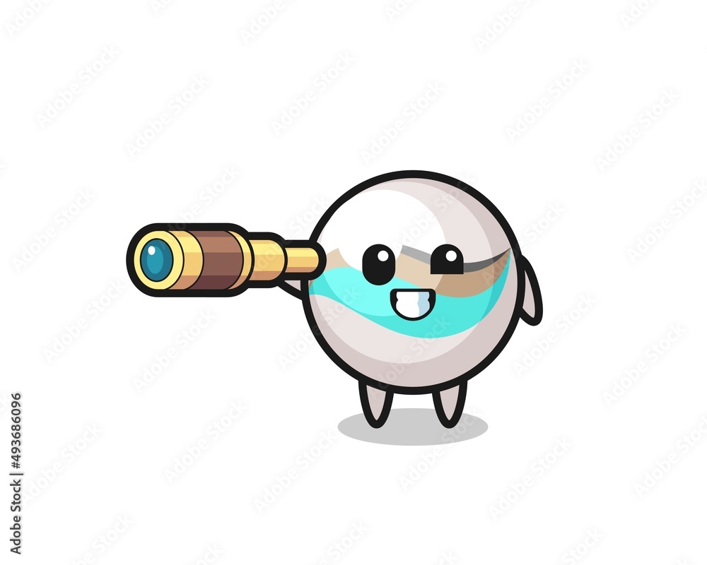 cute marble toy character is holding an old telescope cute marble toy character is holding an old telescope