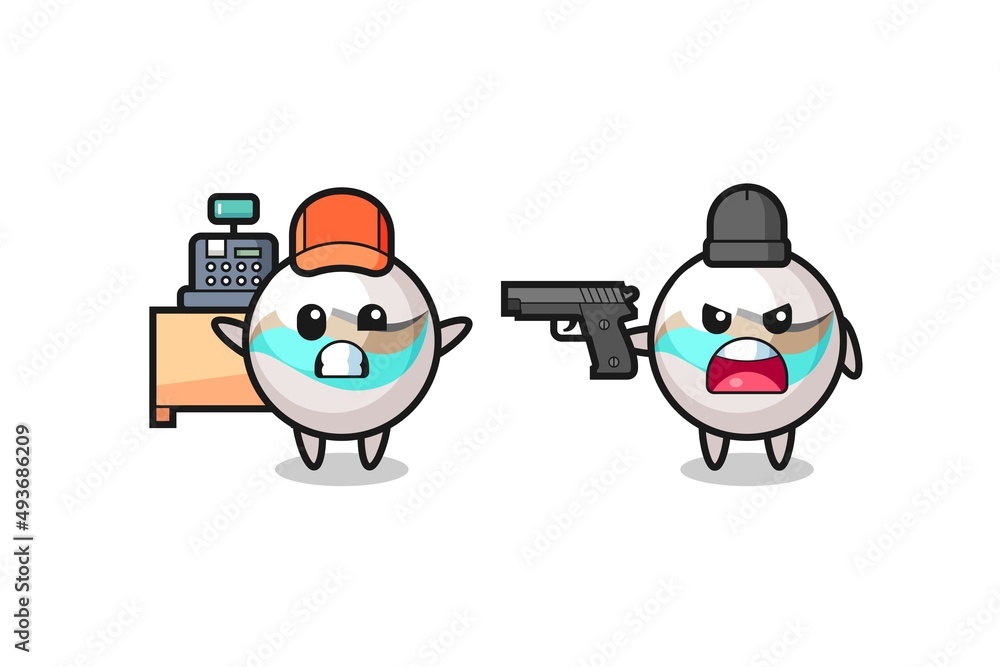 illustration of the cute marble toy as a cashier is pointed a gun by a robber