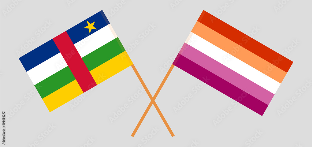 Crossed flags of Central African Republic and Lesbian Pride. Official colors. Correct proportion