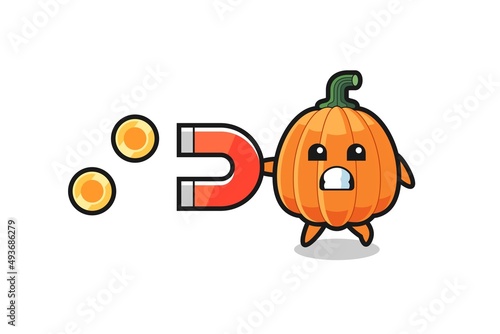 the character of pumpkin hold a magnet to catch the gold coins
