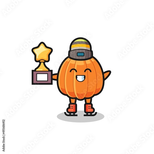 pumpkin cartoon as an ice skating player hold winner trophy