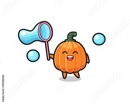 happy pumpkin cartoon playing soap bubble