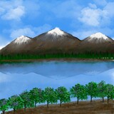 Oil painting or watercolor illustration of lake, trees and mountain landscape with blue cloudy sky. Beautiful national park drawing.