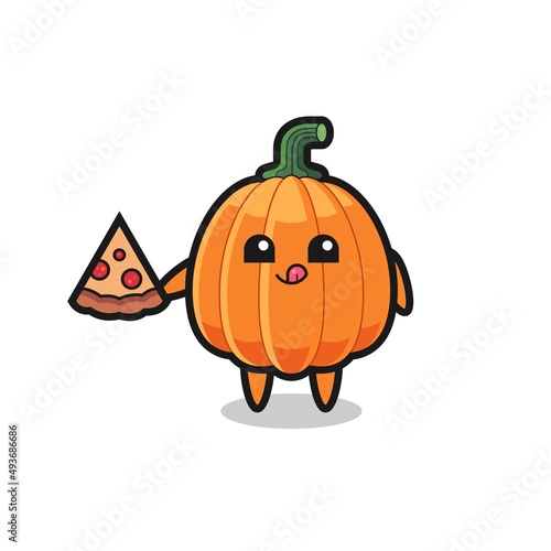cute pumpkin cartoon eating pizza