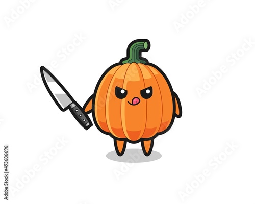 cute pumpkin mascot as a psychopath holding a knife