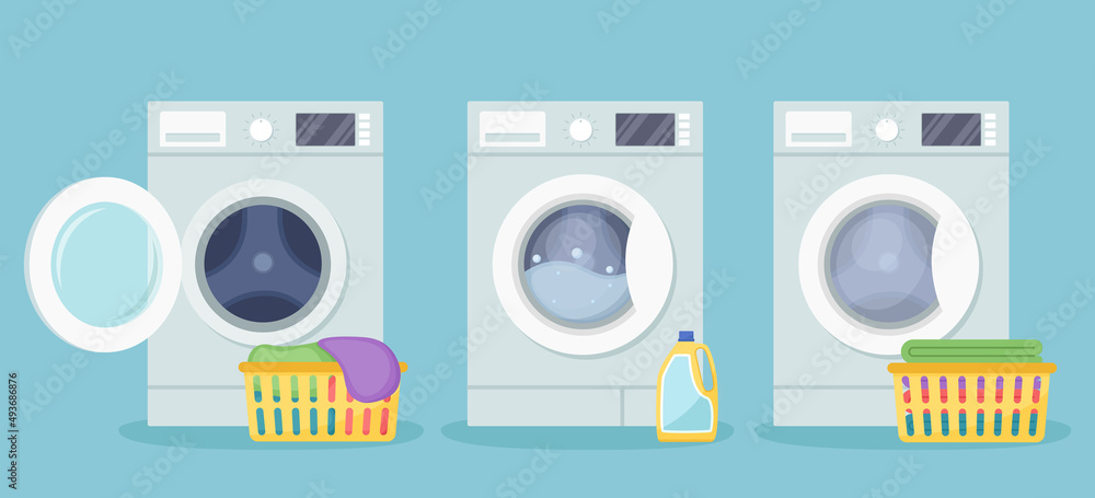 Εκτύπωση καμβά Washing machines with plastic basket with dirty linen, detergent and plastic basket with clean linen