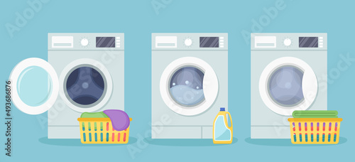 Washing machines with plastic basket with dirty linen, detergent and plastic basket with clean linen. Vector illustration photo
