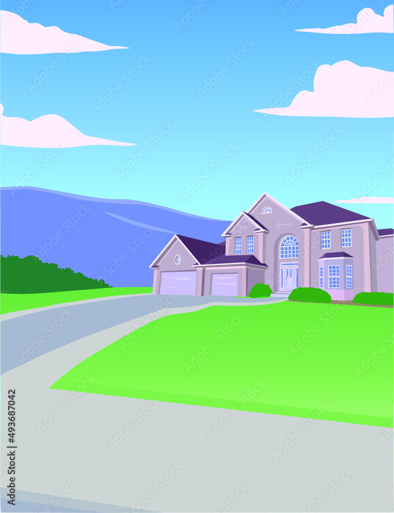 House along the road with beautiful sky.
Vector illustration in flat style.