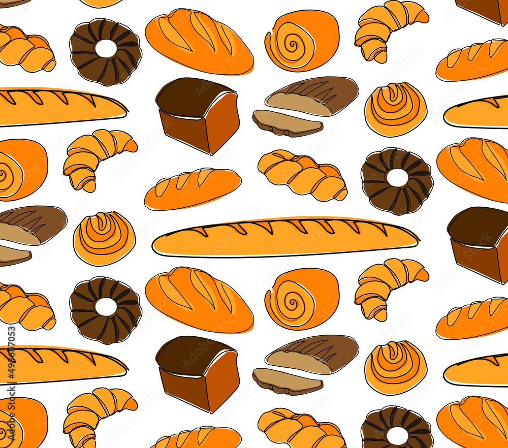 Seamless pattern of hand drawn bakery products, buns, pastry, croissants and wheat germ.