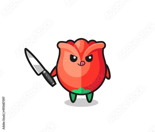 cute rose mascot as a psychopath holding a knife
