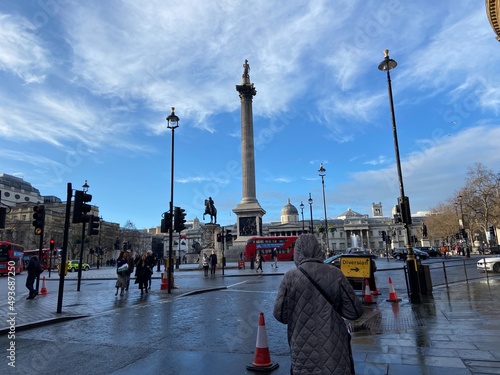 London, uk - 03.12.2022: Trafalgar square, after rain lions and nelsons column 