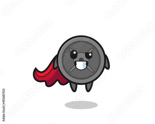 the cute barbell plate character as a flying superhero