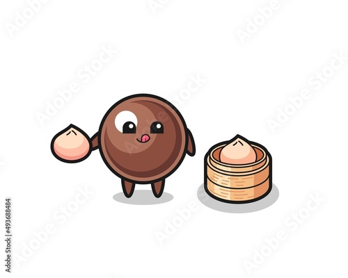 cute tapioca pearl character eating steamed buns