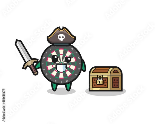 the dart board pirate character holding sword beside a treasure box